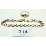 A 9ct gold bracelet and a 9 ct gold wishbone ring, 8 gm