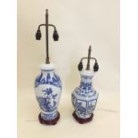 Two large Chinese blue and white table lamps