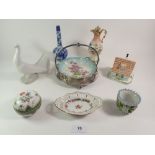 A group of decorative ceramics including Dresden porcelain circular box, floral painted ewer, silver