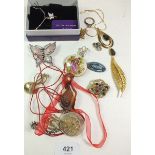 Various costume jewellery including silver and enamel brooch
