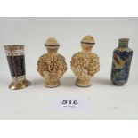 Two cloisonne enamel minature vases and two simulated ivory snuff bottles