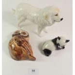 Three ceramic animals to include a Lomonosov panda, Sylvac golden retriever and Babbacombe owl.