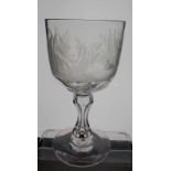 A Victorian cut glass goblet engraved hunting scene with dog and ducks amongst the reeds, 17cm