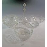 Three cut glass fruit bowls and an Edwardian etched decanter