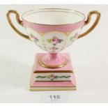 A Minton two handled bowl painted roses on a pink ground 10.5cm