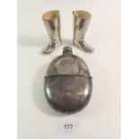 A pair of silver plated boot form spirit measures and a spirit flask
