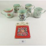 A set of five Liberty and Co. mugs by Adams with coasters.