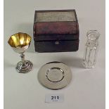 A 19th century silver and glass communion set in original leather case, 'Presented to the Rev W.