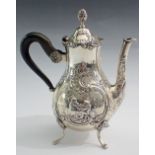 A French antique silver chocolate pot engraved rococo style decoration with romantic scenes and