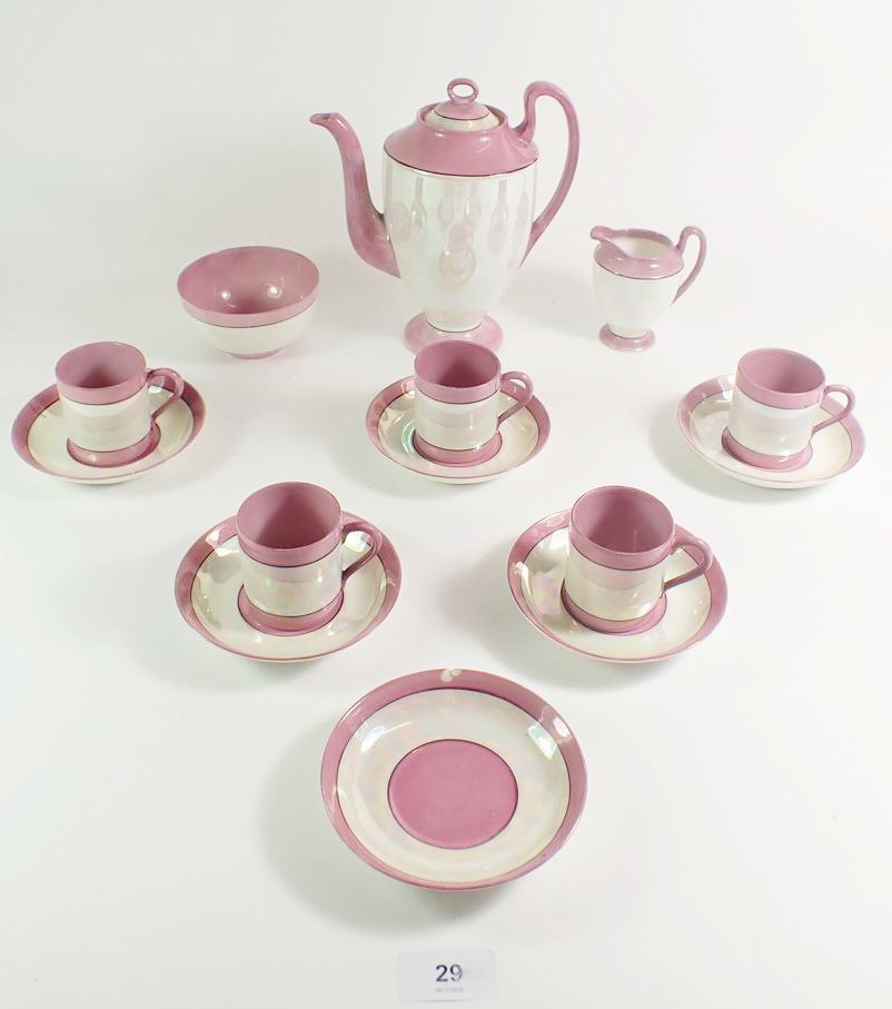 A Phoenix China pink lustre banded coffee set comprising coffee pot, five cups and saucers, sugar