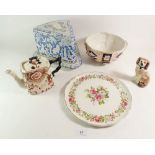A Victorian blue and white Staffordshire cheese stand decorated figures and birds, handle a/f and