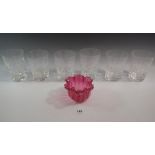 A matched set of six cut glass tumblers and a Victorian cranberry glass dish