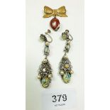 A pair of continental vintage filigree and glass set large pendant earrings and a stone set bow