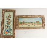A painting of polo players in an inlaid Middle Eastern frame and another similar of birds, 24 x 9 cm
