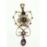 An Edwardian 9 ct gold openwork pendant set amethyst and seed pearls, 2g