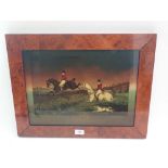 A Victorian reverse print on glass of fox hunting 'The Leap' 30 x 42cm. in walnut finish frame