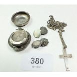 A miscellaneous collection of silver including a silver crucifix, a pair of silver cufflinks and a