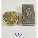 A brass jockey snuff box and a Chinese brass snuff box decorated Geisha