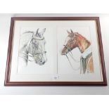 Mary Whiston - watercolour, two horses framed and glazed as one, 33 x 23cm each