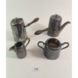 A Walker & Hall silver plated pair of chocolate pots, sugar and milk jug