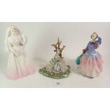 A Royal Doulton figure, Blithe Morning HN2021 and another, The Bride HN2166 and a Capodimonte lace