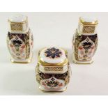 A Royal Crown Derby three piece Imari cruet set, 10 cm