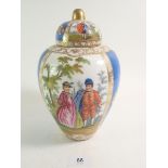 A Dresden vase painted blue panels and figures and flowers, 23cm