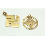 An 18ct gold pre-war swastika good luck charm, Chester 1912, 4.3g and a 9ct gold one, 0.8g