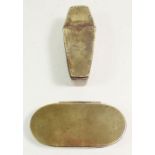 A 19th century coffin form brass snuff box and another brass snuff box