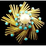 A vintage Boucheron 18 ct gold swirling star form brooch set pearls, turquoise and diamonds, 26