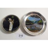 A silver and butterfly wing trinket dish and a silver plated one decorated Pierrot