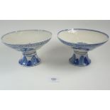 A pair of Chinese blue and white comports painted flowers and text, 19cm diameter