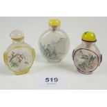 Three Chinese mid 20th century glass painted snuff bottles