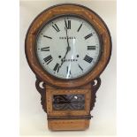 A Victorian wall clock with drop dial decorated fretwork and Tunbridgeware