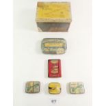 A selection of antique small tins to include Bournville Cadbury, Allenburys etc, pastille tin