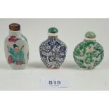 Three mid 20th century Chinese porcelain snuff bottles with enamel decoration