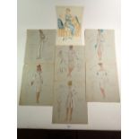 A selection of six 1940's theatre fashion prints with hand painted touching, originally from New