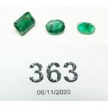 Three cushion emeralds, total 2.59 cts