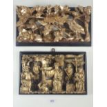 A Chinese carved and gilt wood panel depicting birds and flowers 35 x 18cm and another depicting