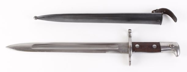 Swiss M1889 bayonet, 11¾ ins polished single edged fullered blade with scabbard button, stamped