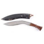 Kukri knife, 12 ins blade, studded wood grips, in leather covered wood sheath with skinning knife