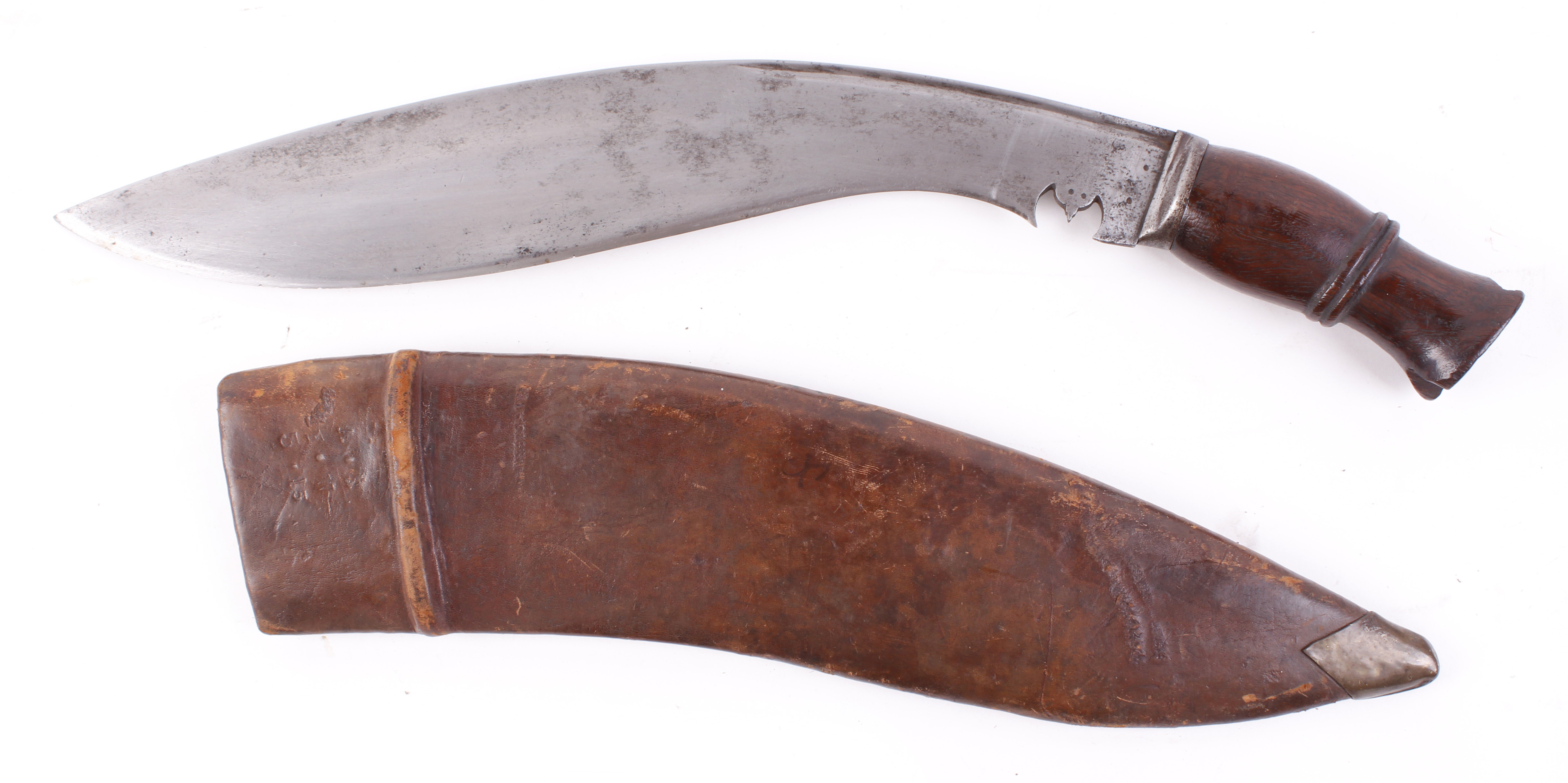 Military kukri 14 ins, marked r p 6.04 wooden carved grip in brown leather sheath marked a.s f.w 3. - Image 2 of 2