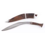 Kukri knife, 10 3/4 ins blade, wood grips in wooden sheath with one skinning knife