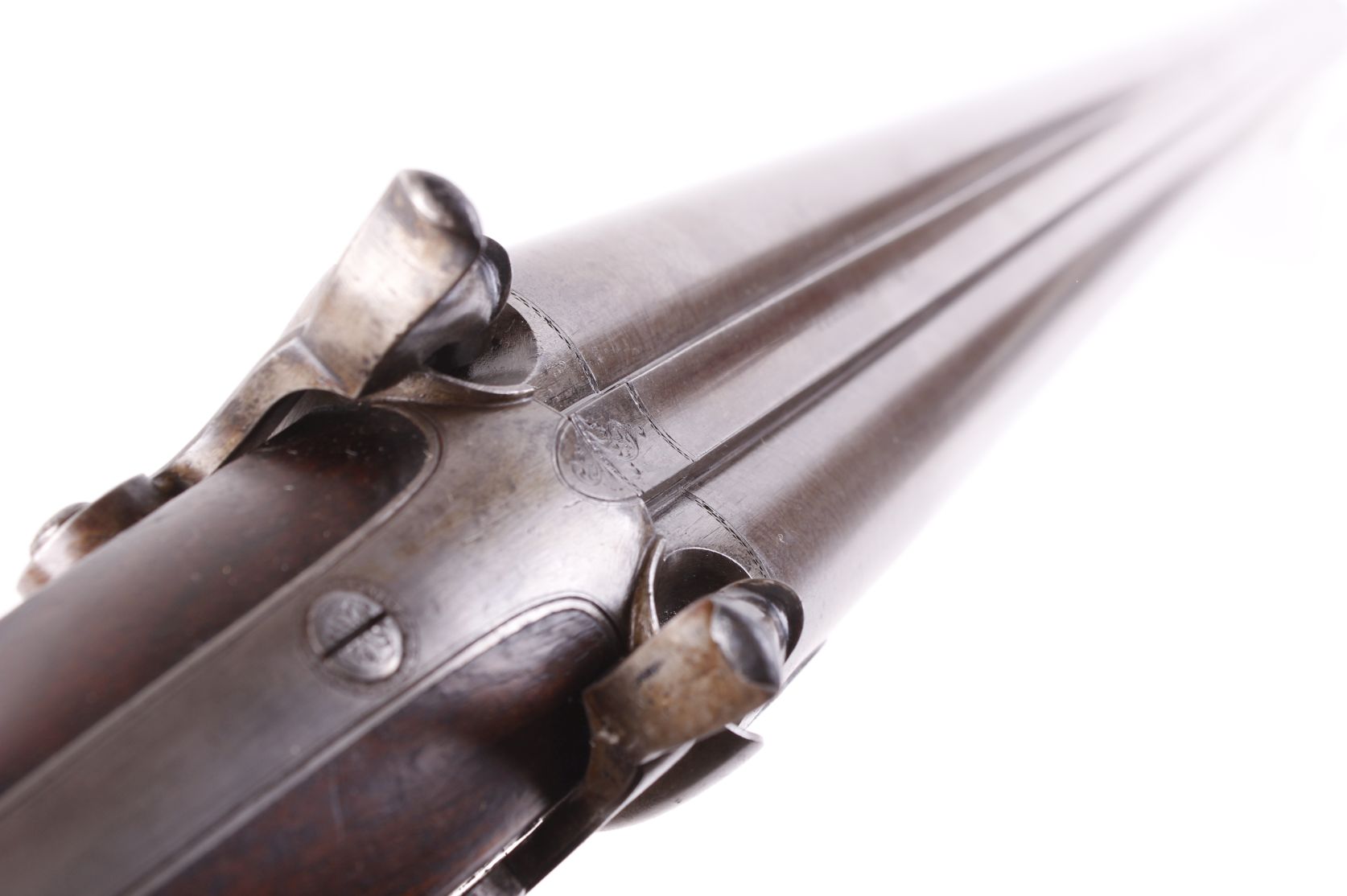 (S58) 8 bore double percussion gun by Malbon, 33 ins brown damascus barrels with broad rib stamped C - Image 10 of 10