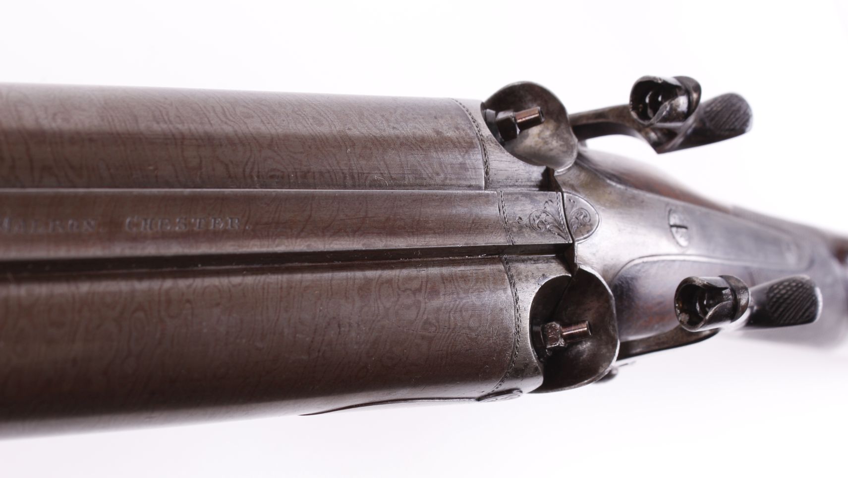 (S58) 8 bore double percussion gun by Malbon, 33 ins brown damascus barrels with broad rib stamped C - Image 7 of 10