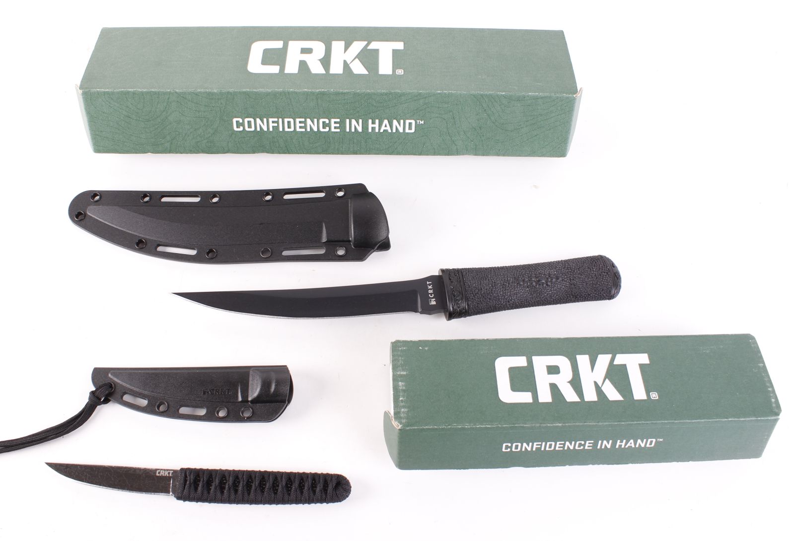 Two boxed fixed blade tanto knives by CRKT, 7 ins and 3½ ins blades