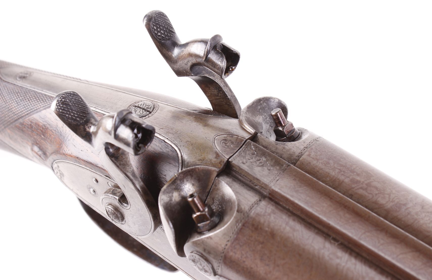 (S58) 8 bore double percussion gun by Malbon, 33 ins brown damascus barrels with broad rib stamped C - Image 4 of 10
