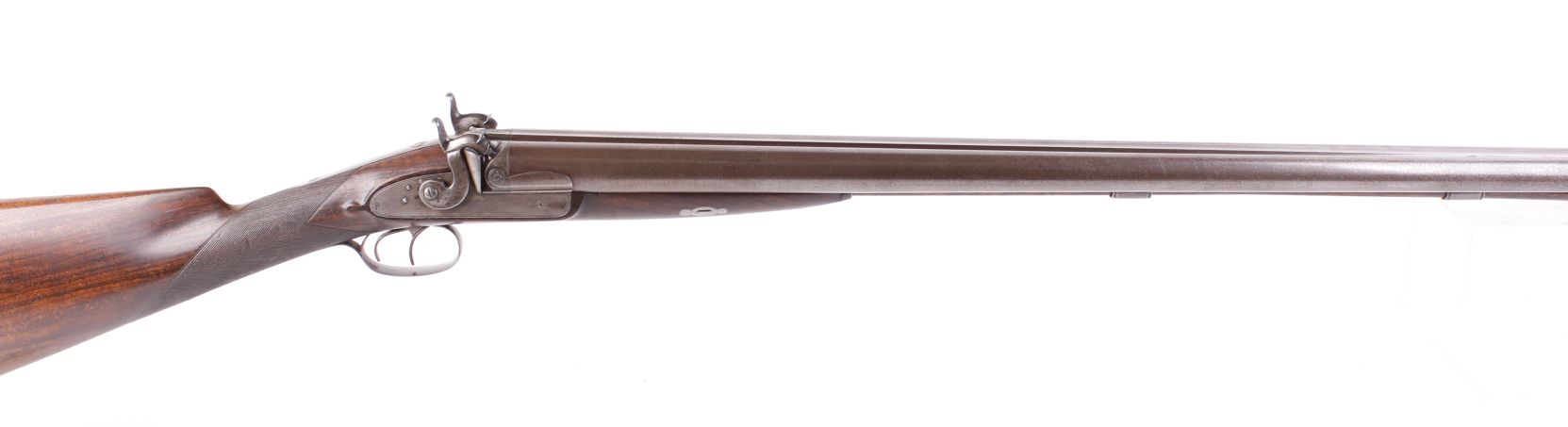 (S58) 8 bore double percussion gun by Malbon, 33 ins brown damascus barrels with broad rib stamped C