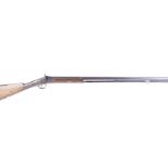 (S58) 12 bore percussion single sporting gun, 32½ ins two stage brown damascus barrel, platinum line