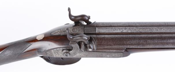 (S58) 14 bore percussion double sporting gun by Manton & Son, 25 ½ ins damascus barrels, raised - Image 2 of 3